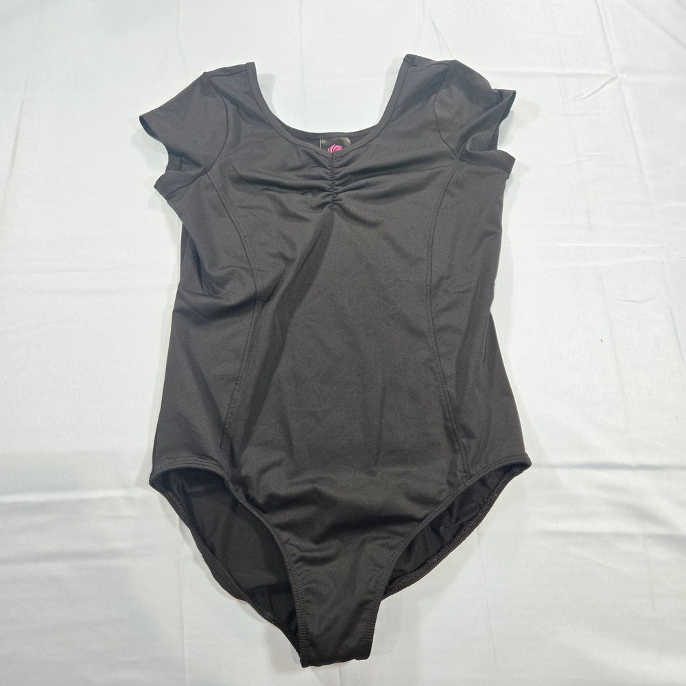 Rainbeau Moves Girls Black Short Sleeve Pinch Front Dance Leotard XL RB6827G